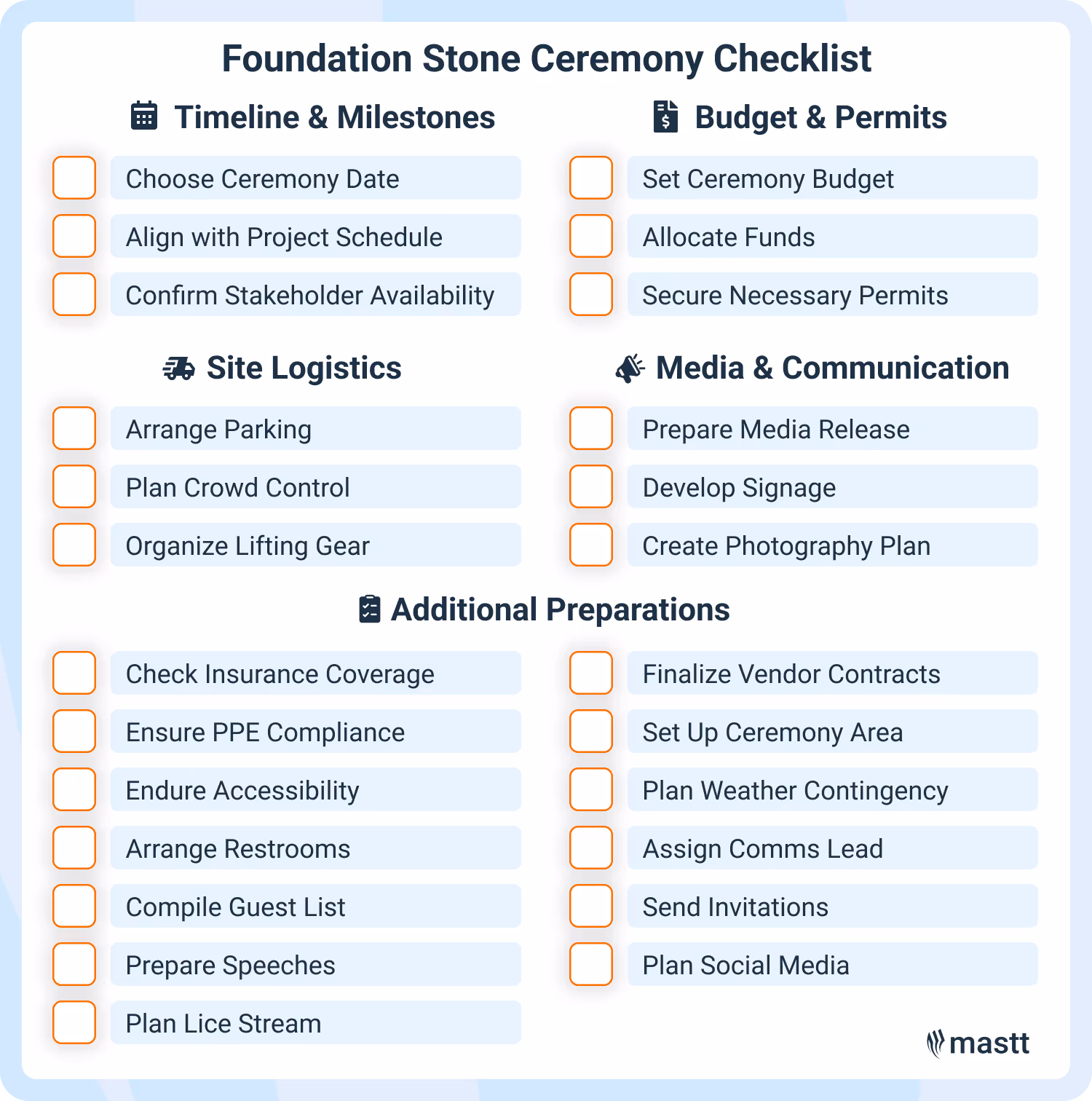 Checklist for planning a smooth, timely foundation stone laying ceremony.