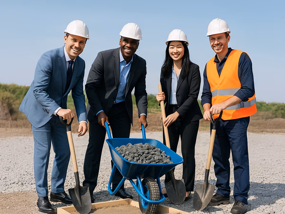  Foundation stone laying ceremony with team holding shovels onsite.