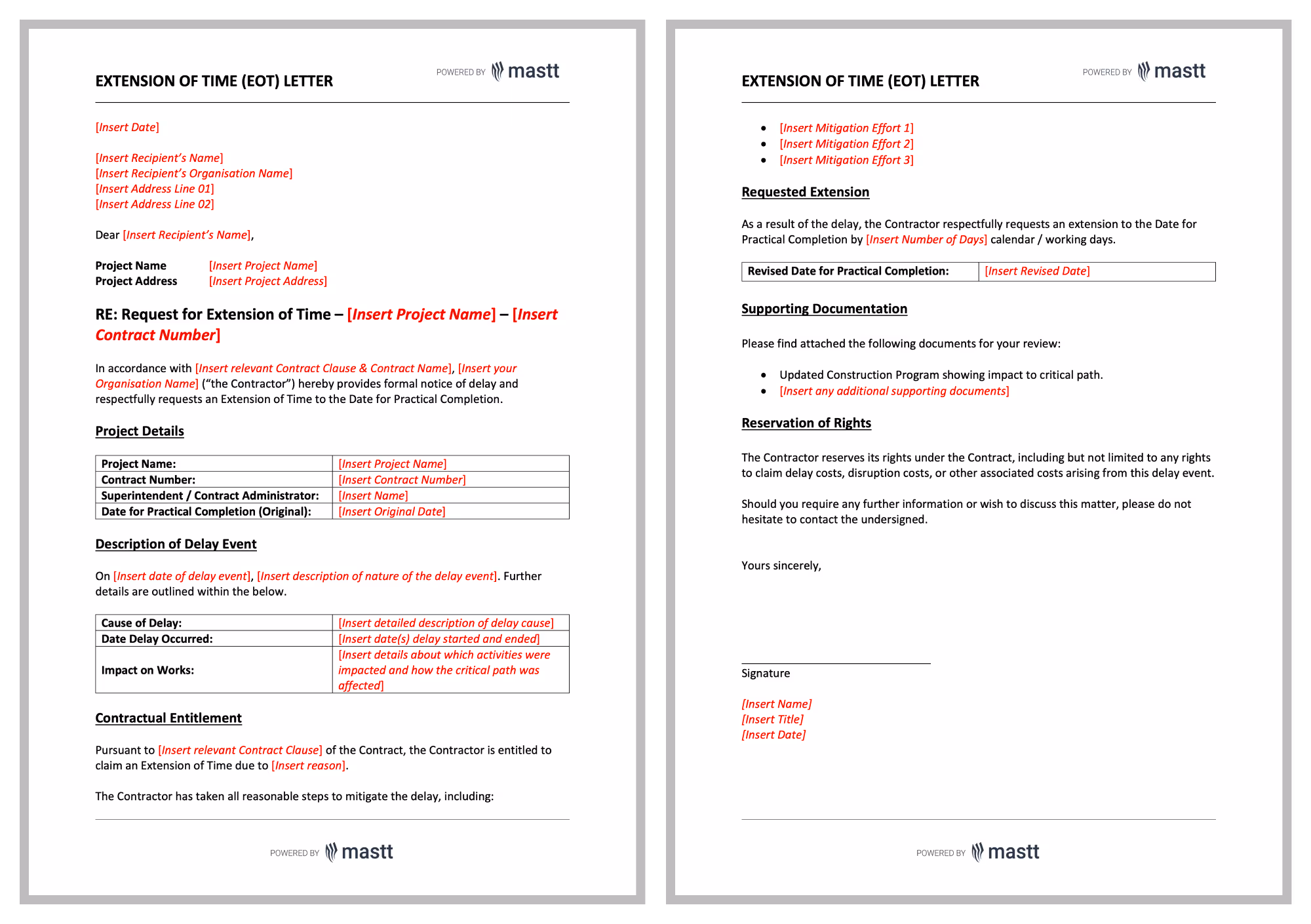 Extension of Time example letter including project details, delay description, revised completion date, supporting documents, and mitigation efforts.