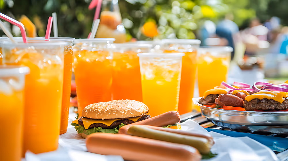 BBQ food and drinks set up for a slab party lunch.