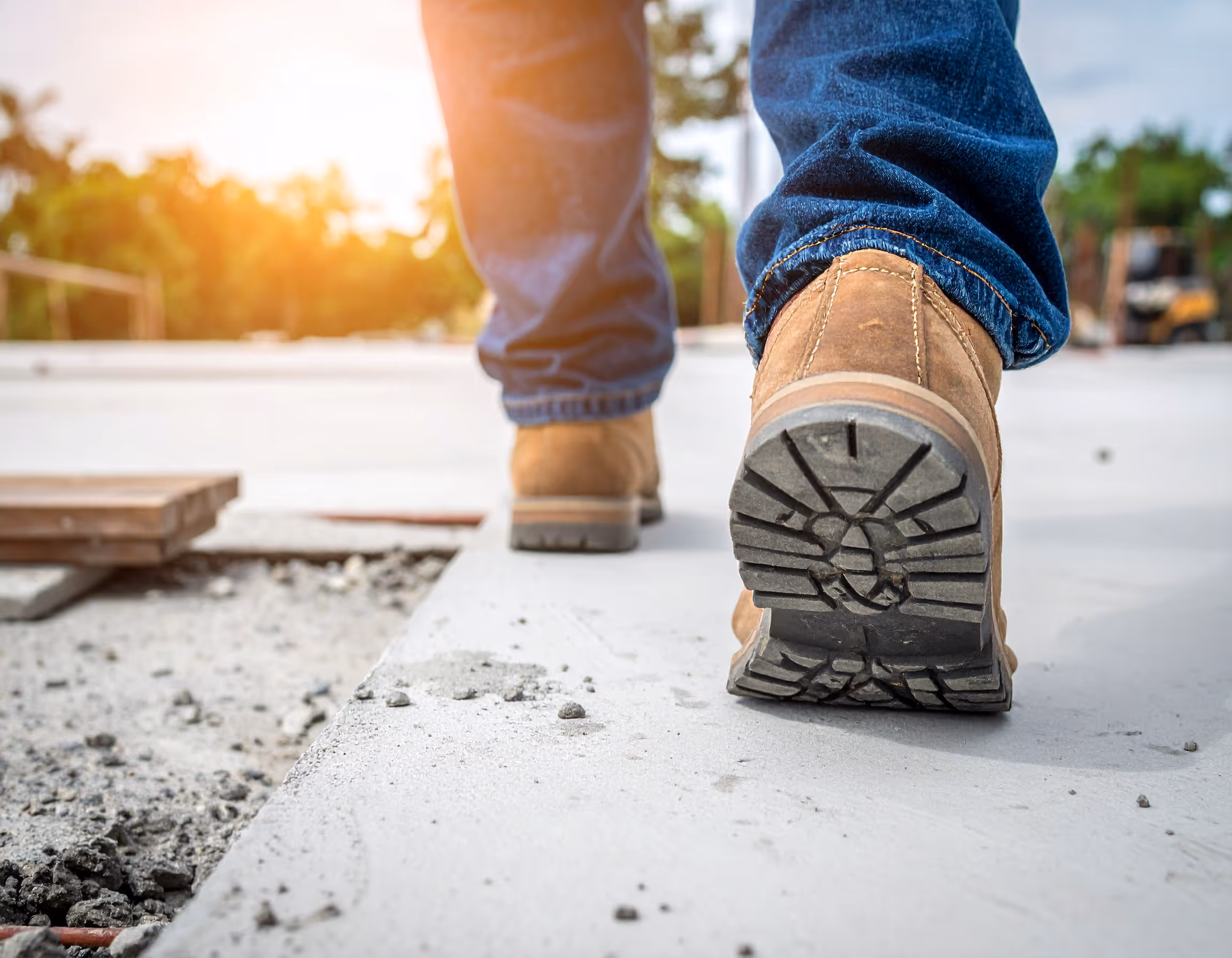  Worker walking across slab party site on freshly poured concrete slab.
