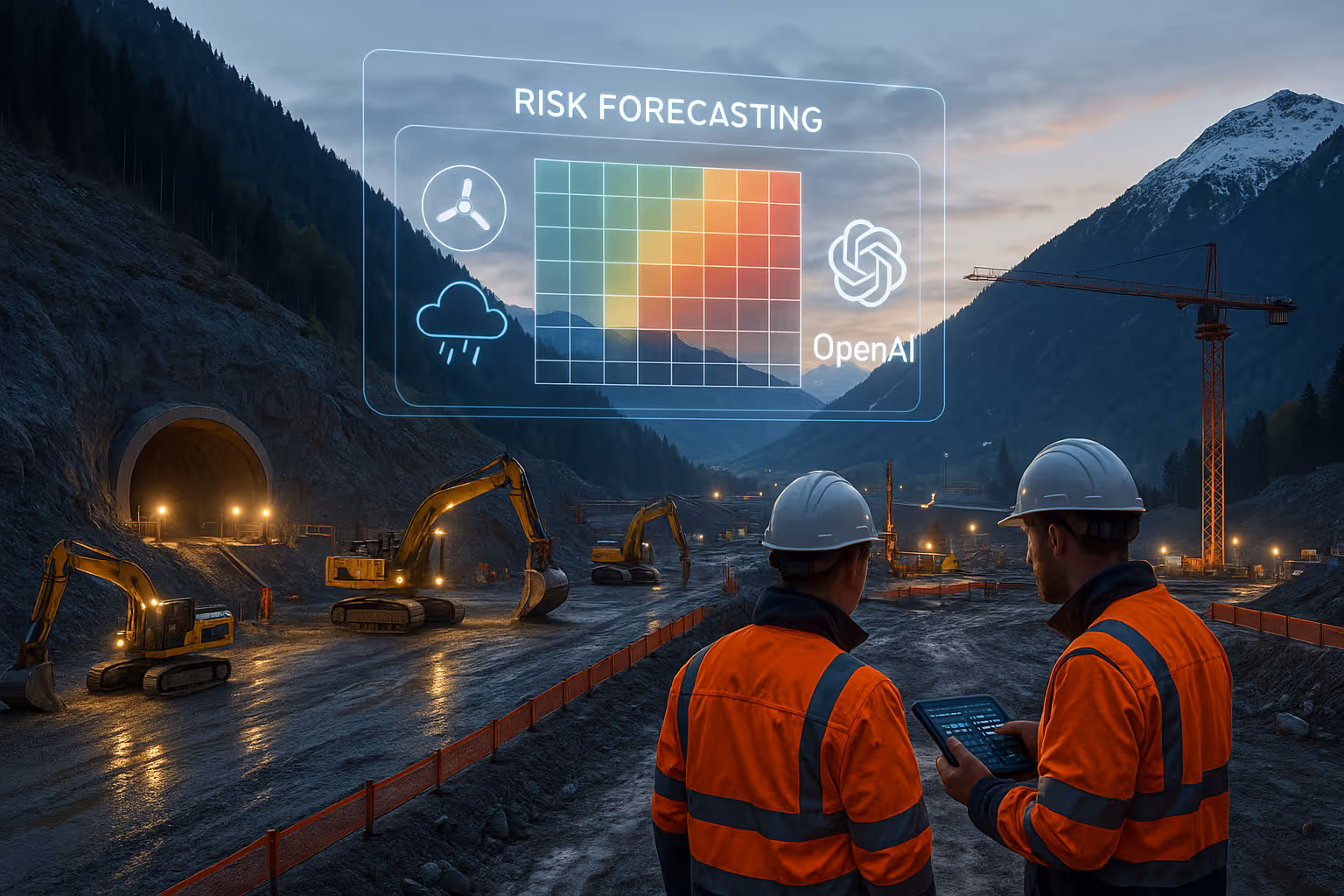 Workers monitor AI risk forecast data on a live tunnel construction site.