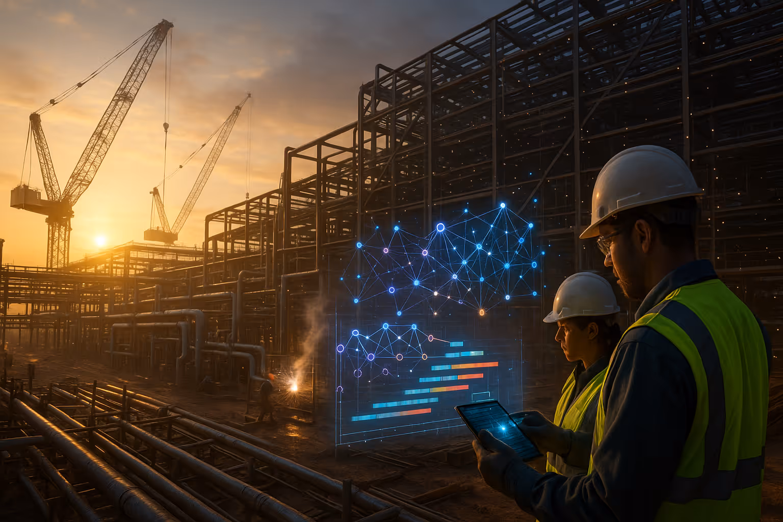 Engineers view neural AI scheduling data at a large industrial build site.