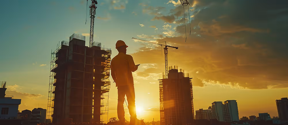Project manager overseeing high-rise construction at sunset with SWMS compliance in focus.