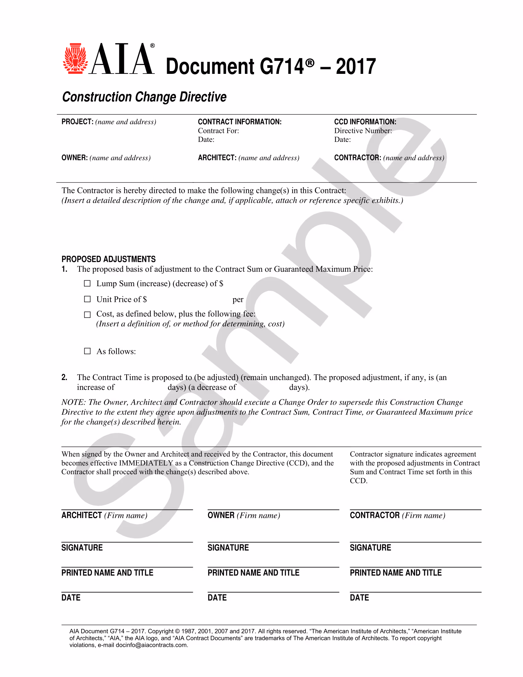 AIA Document G714–2017 template for Construction Change Directive, showing fields for project details, proposed adjustments, and required signatures.