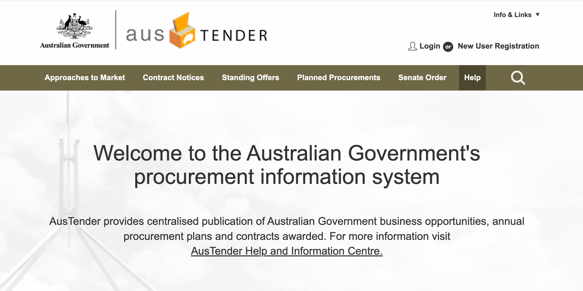 Screenshot of the AusTender homepage, the Australian Government’s central procurement platform for business opportunities, planned procurements, and awarded contracts.