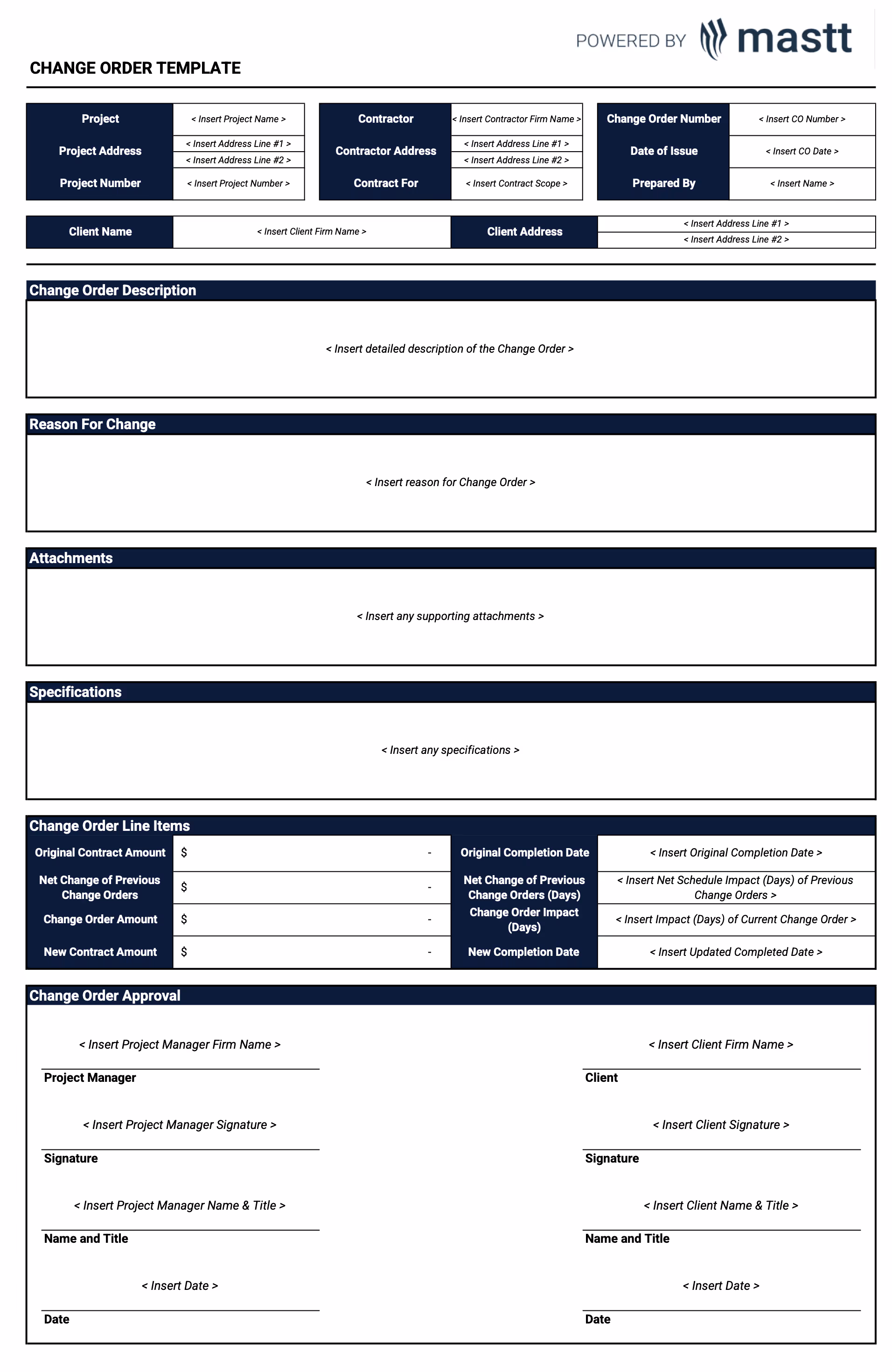 Fillable change order example showing project details, scope changes, cost impact, timeline updates, and approval signatures for construction projects.