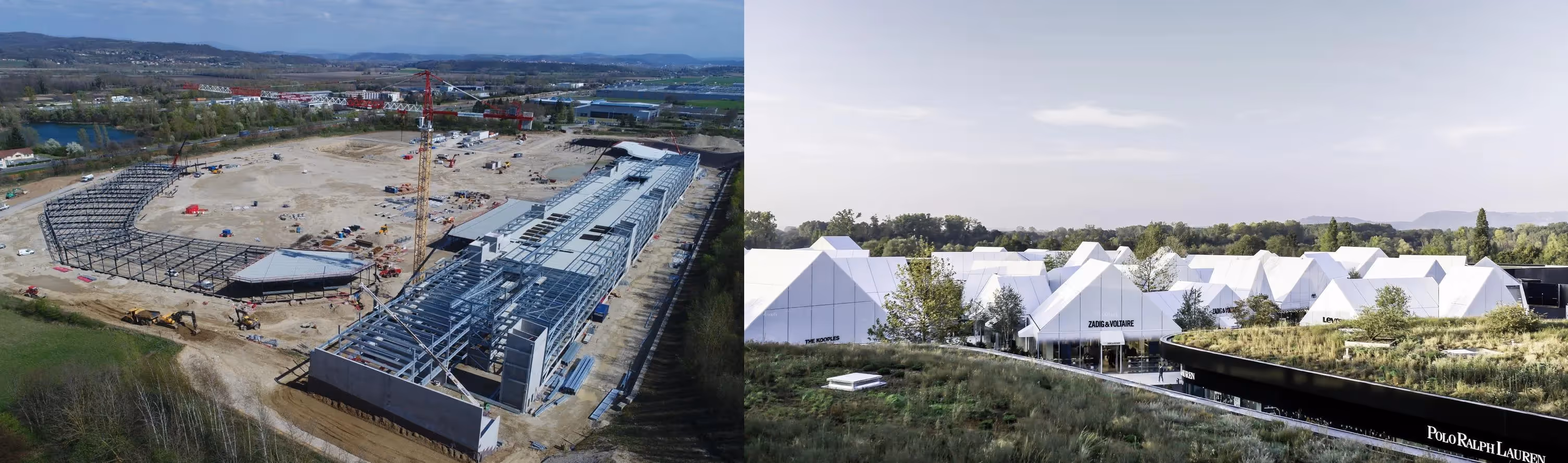 Side by side of Village Outlet France under construction and completed