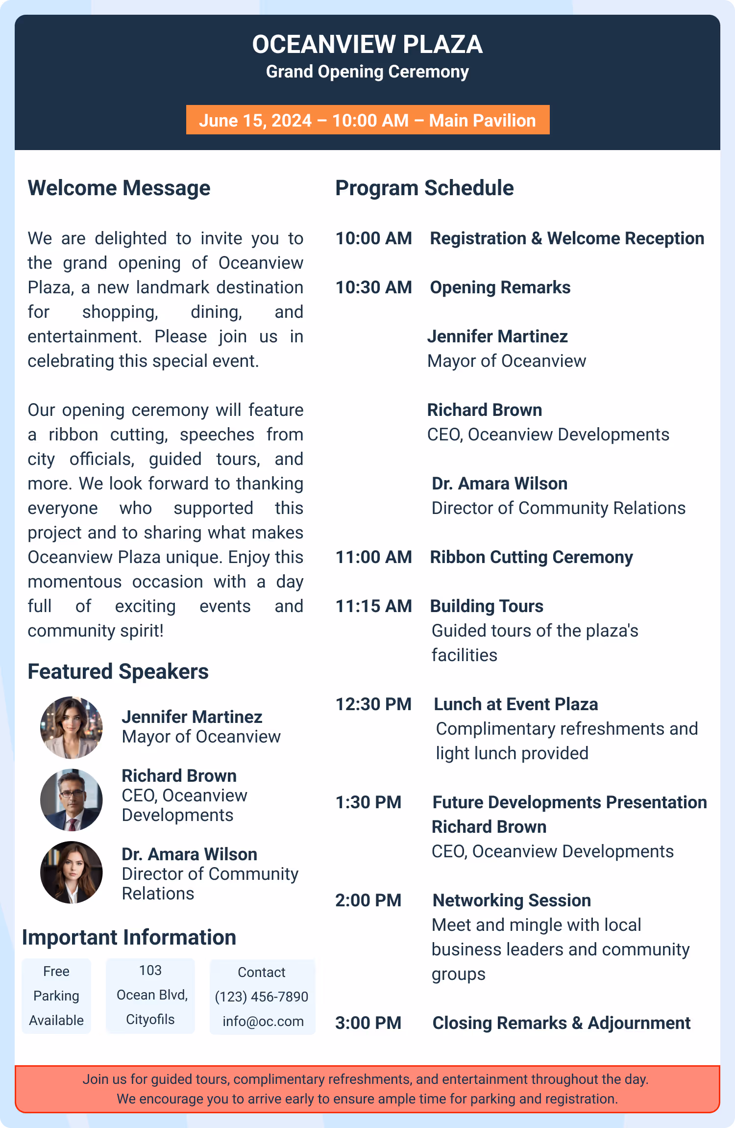 Sample grand opening schedule with speeches, ribbon cutting, tours, lunch, and networking.
