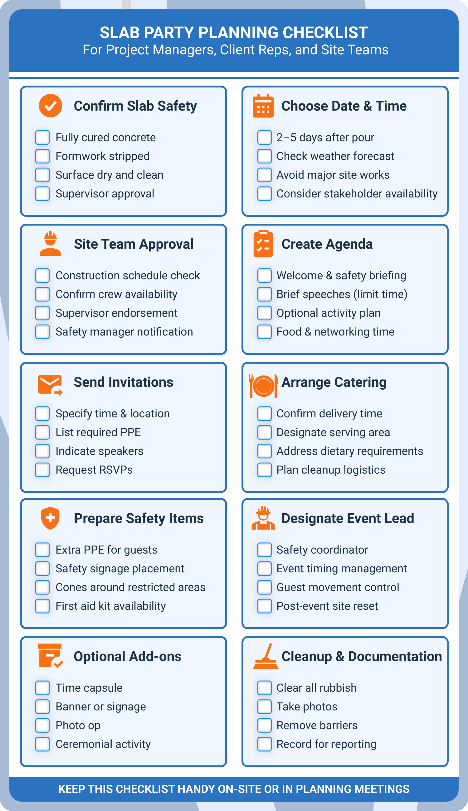 Slab party planning checklist for construction project managers and teams.