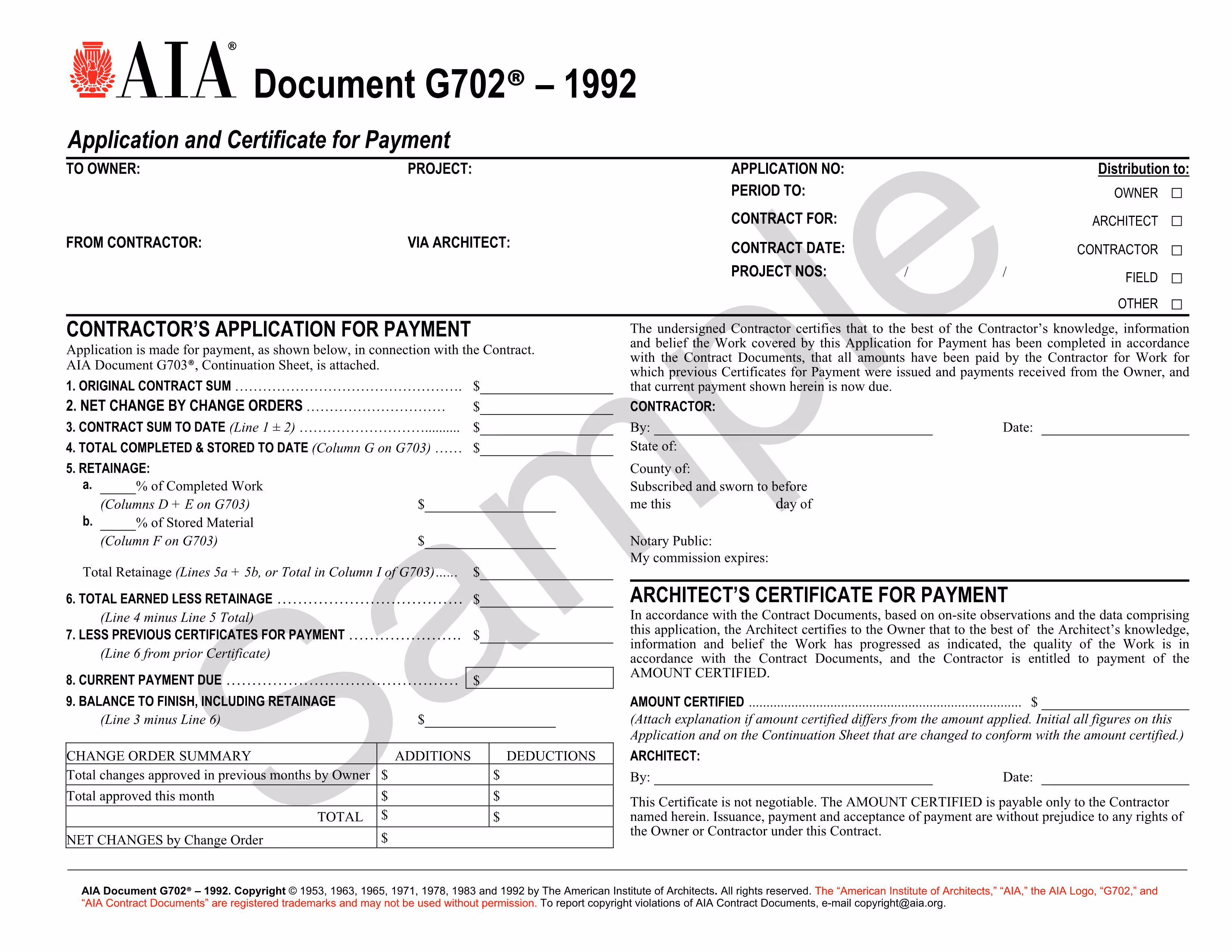 AIA Document G702 form showing contract sum, retainage, payment due, and certification section for contractor and architect.