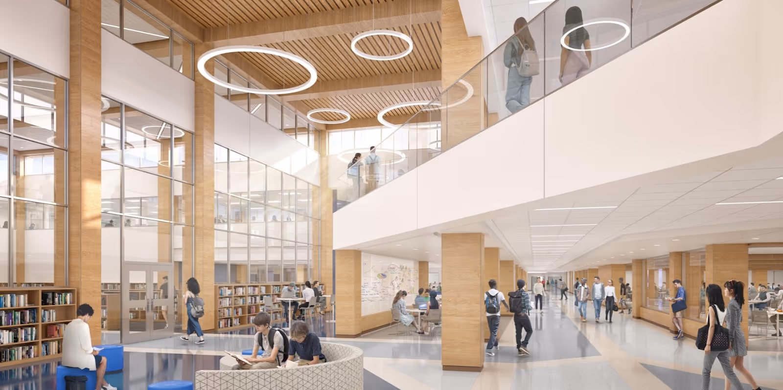 Rendering of modern CFBISD library with collaborative study spaces