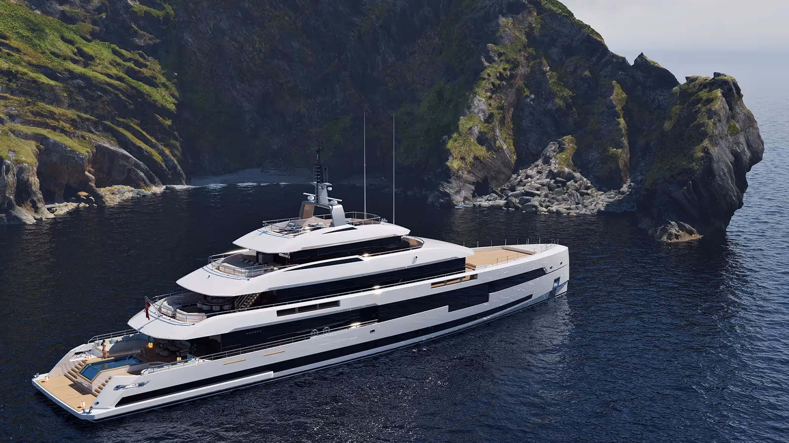 Fully custom Heesen superyacht anchored near rocky island coastline