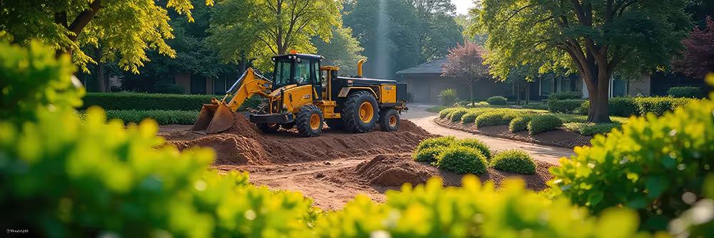 Excavator working on residential site during landscape project management and construction phase.