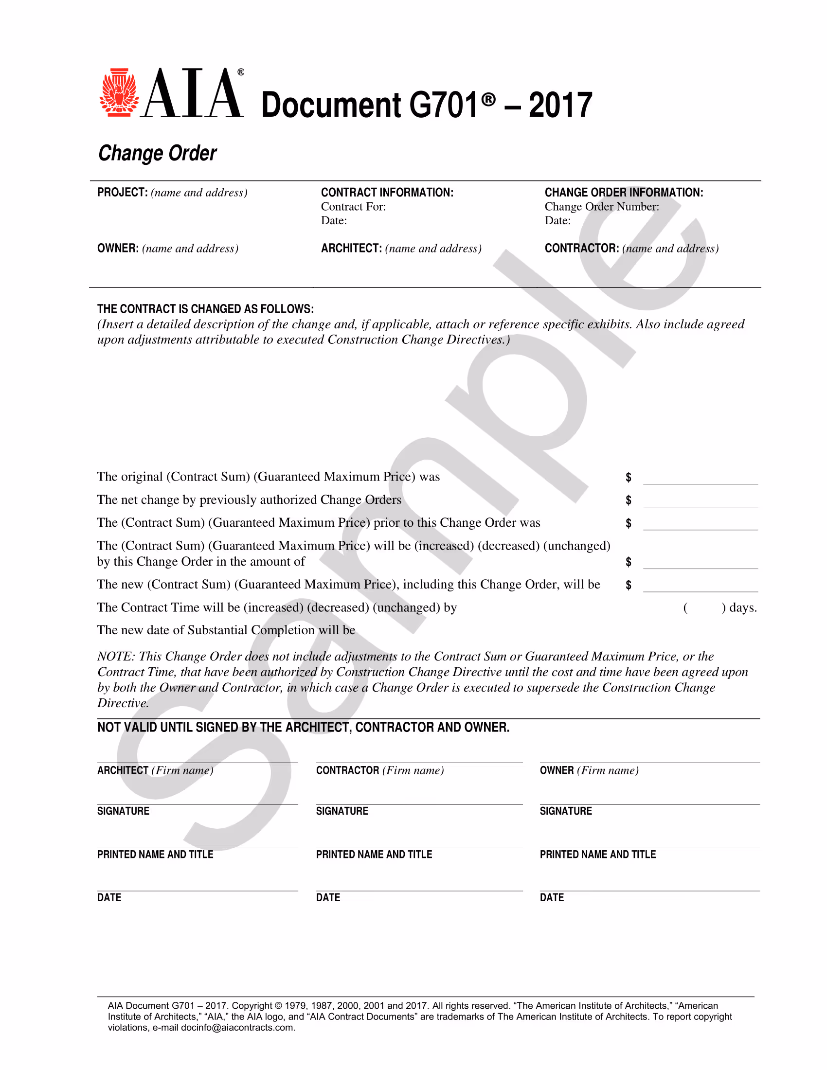 AIA G701–2017 Change Order form showing fields for project details, contract sum changes, time adjustments, and signatures from the architect, contractor, and owner. 
