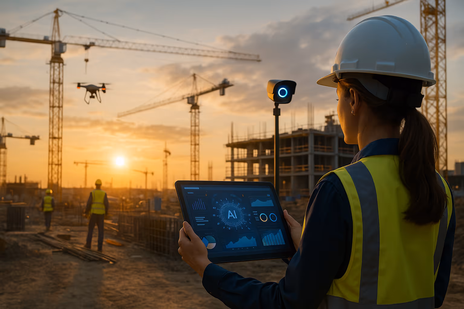 Female construction project manager uses AI tablet, drone flies, cranes loom, workers in PPE