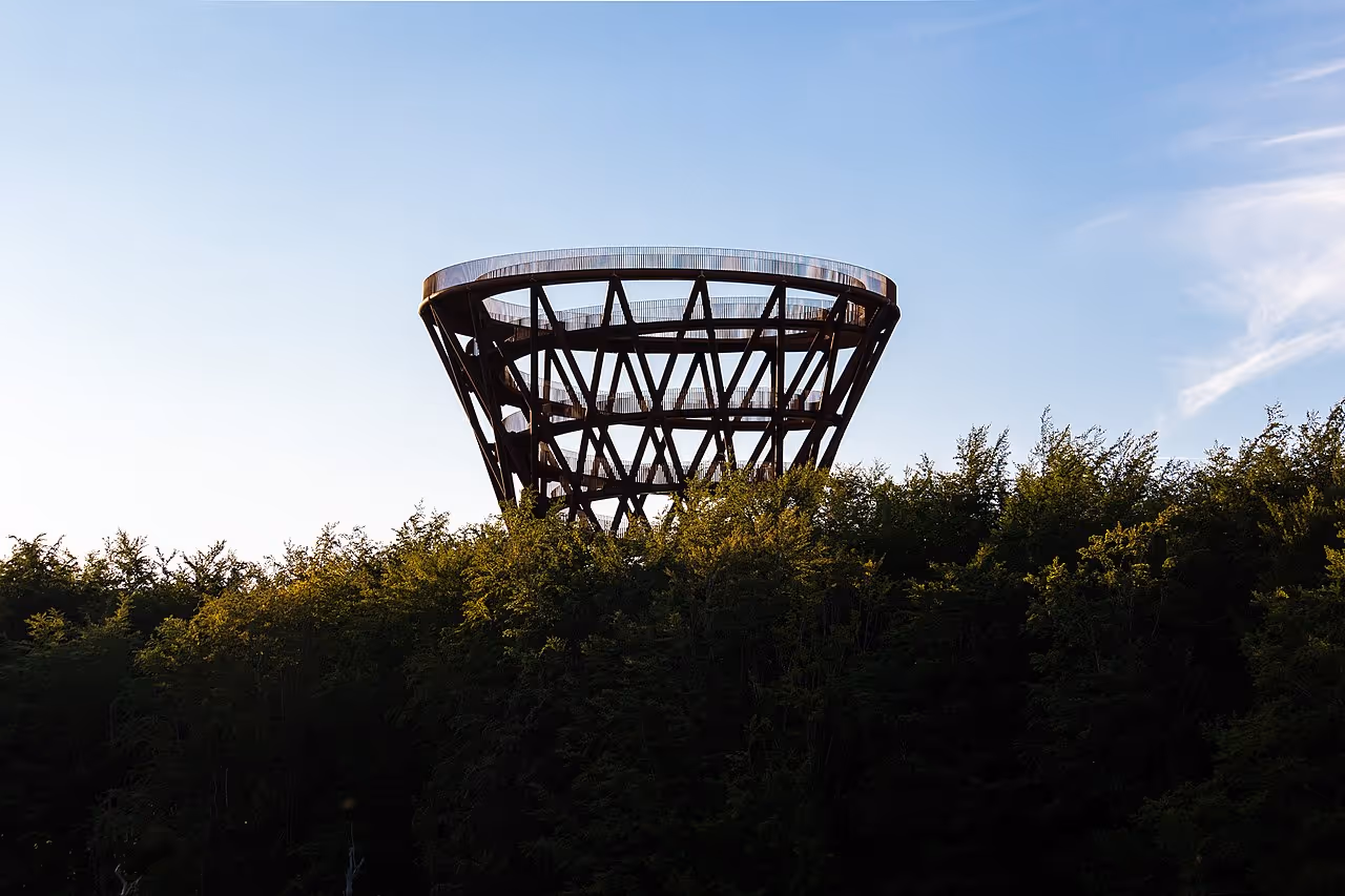 A spiraling wooden observation tower with a flared top rising above the trees in a Danish forest.