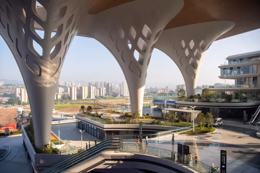 Chongqing East Station canopy structure framing urban rail terminal