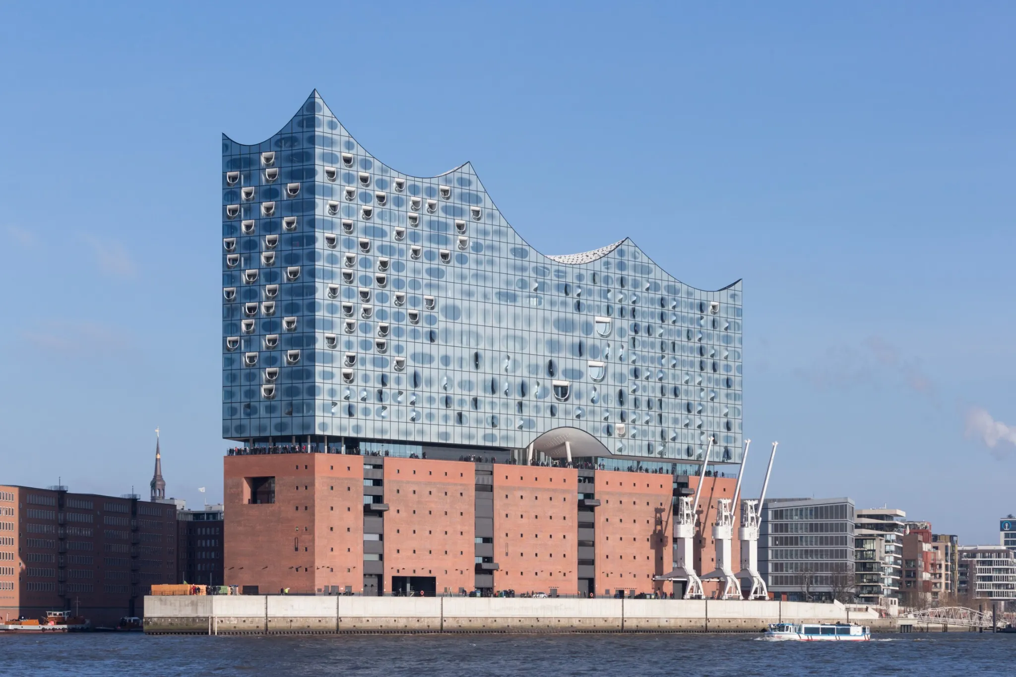 Waterfront view of Elbphilharmonie’s striking architectural design