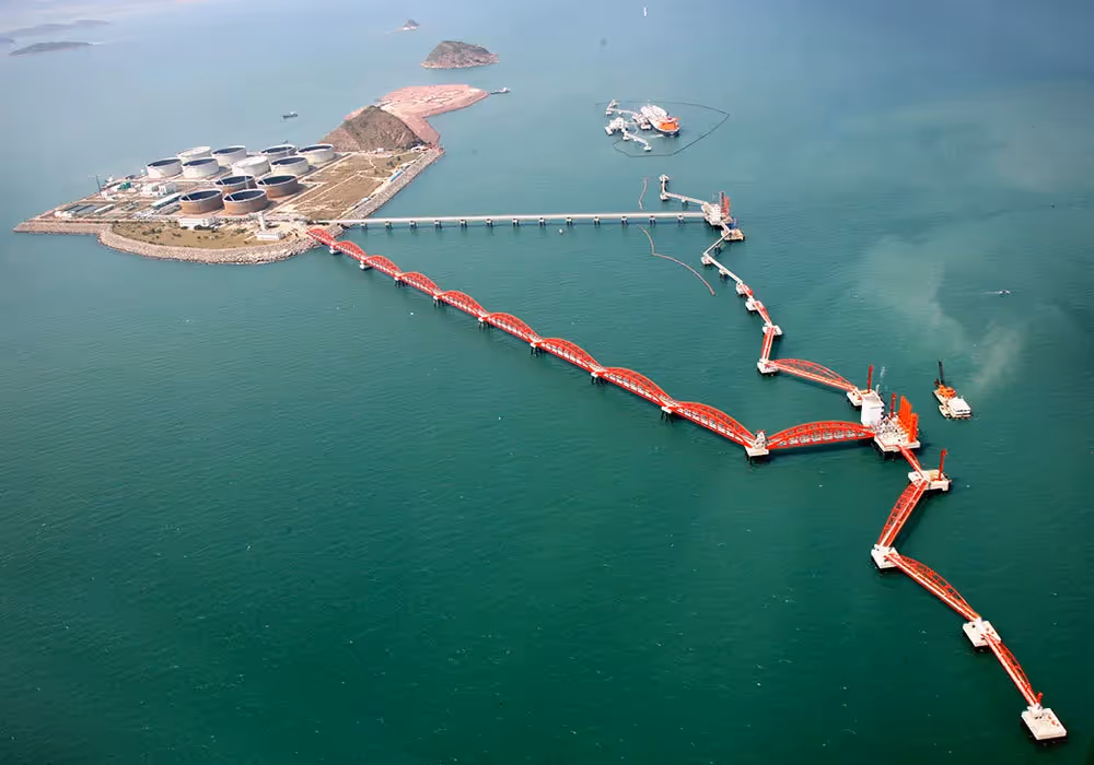 Marine oil wharf with storage tanks and offshore pipelines