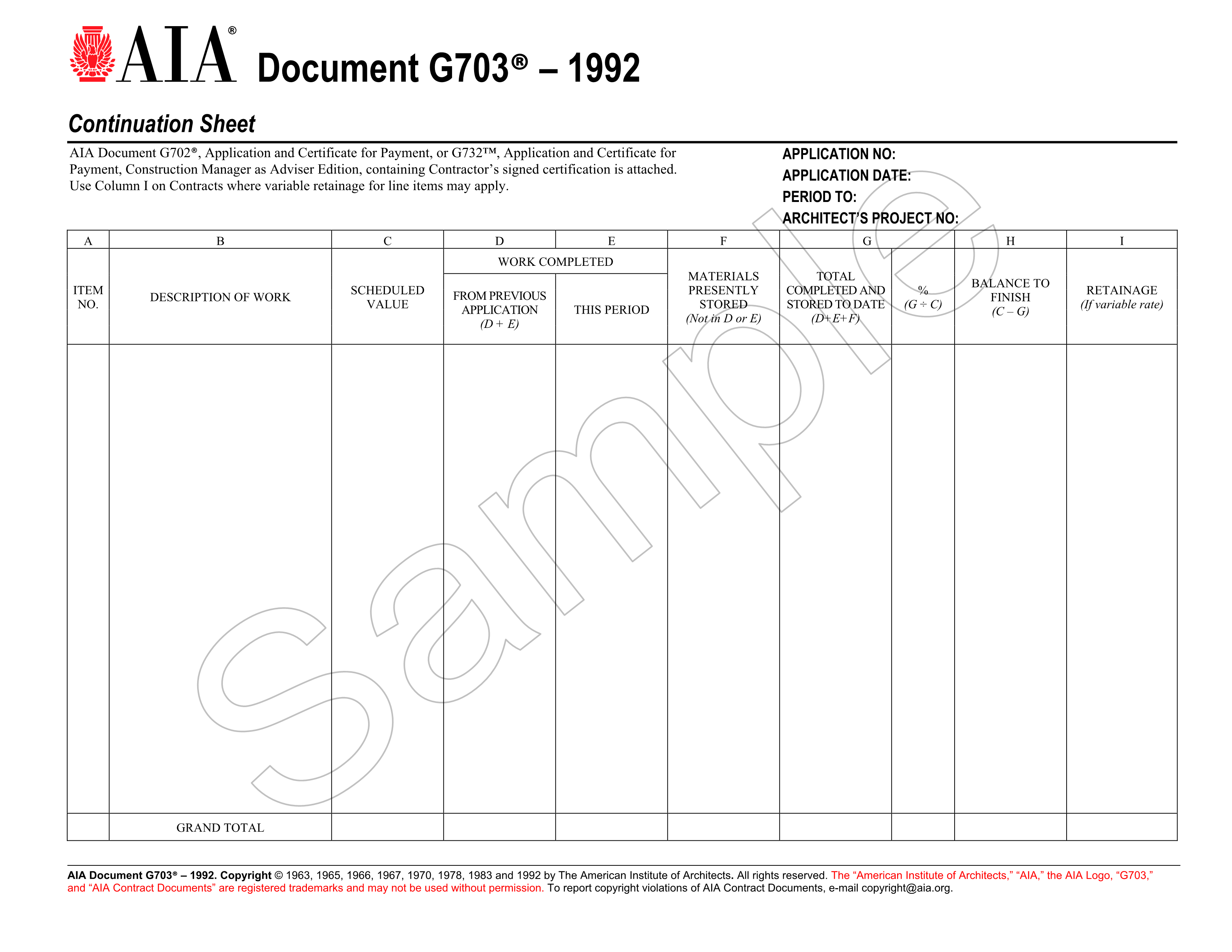 AIA G703 continuation sheet with columns for scheduled value, work completed, stored materials, and retainage per line item.