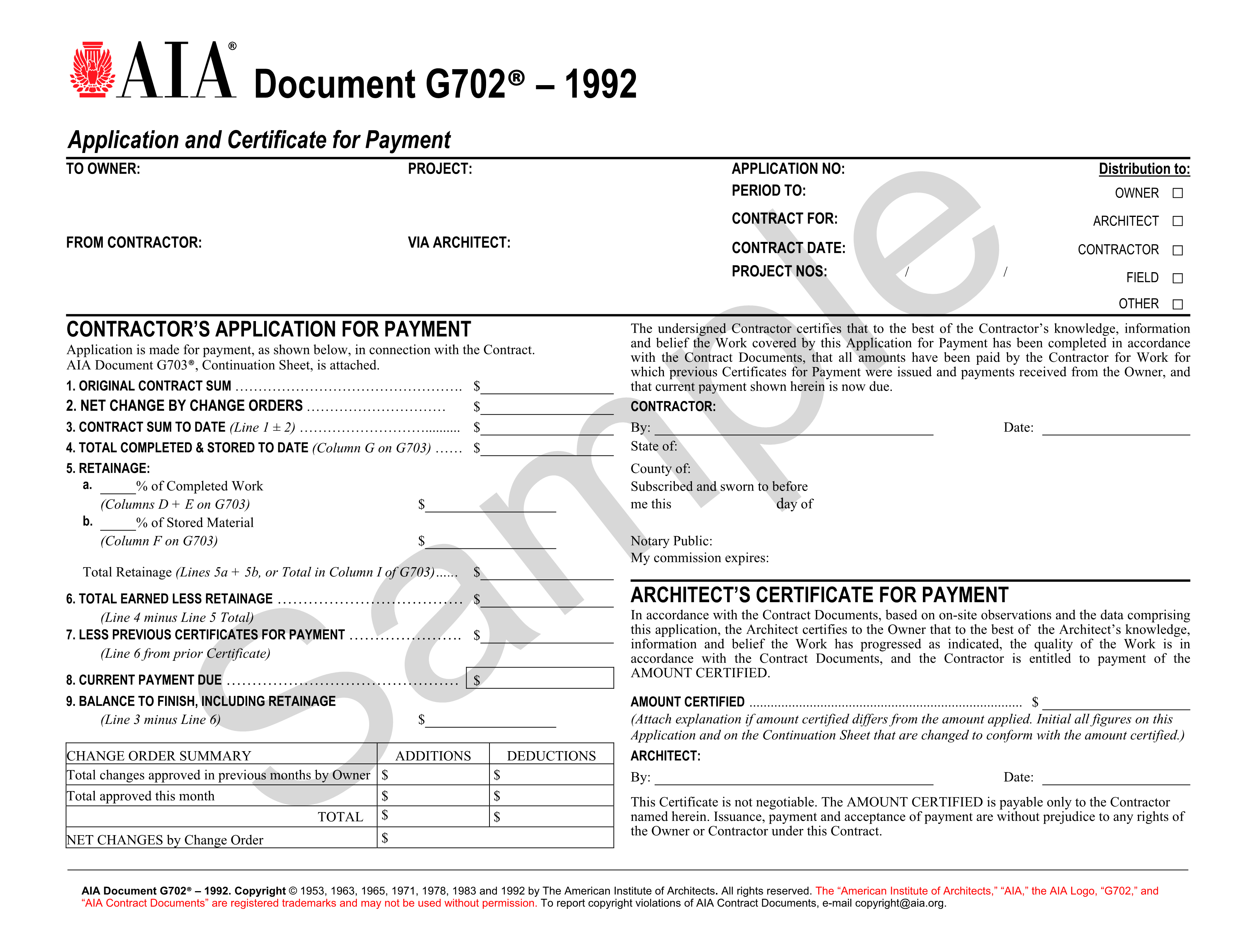 AIA G702 sample form showing contractor’s application for payment, retainage, and architect’s certification section.
