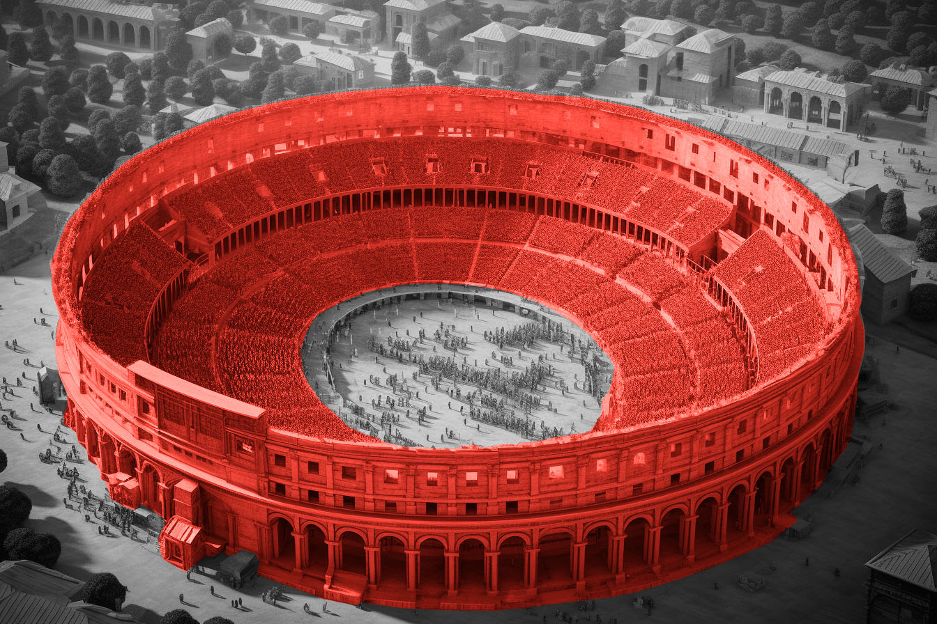 Ancient Roman amphitheatr filled with spectators in a digital rendering.