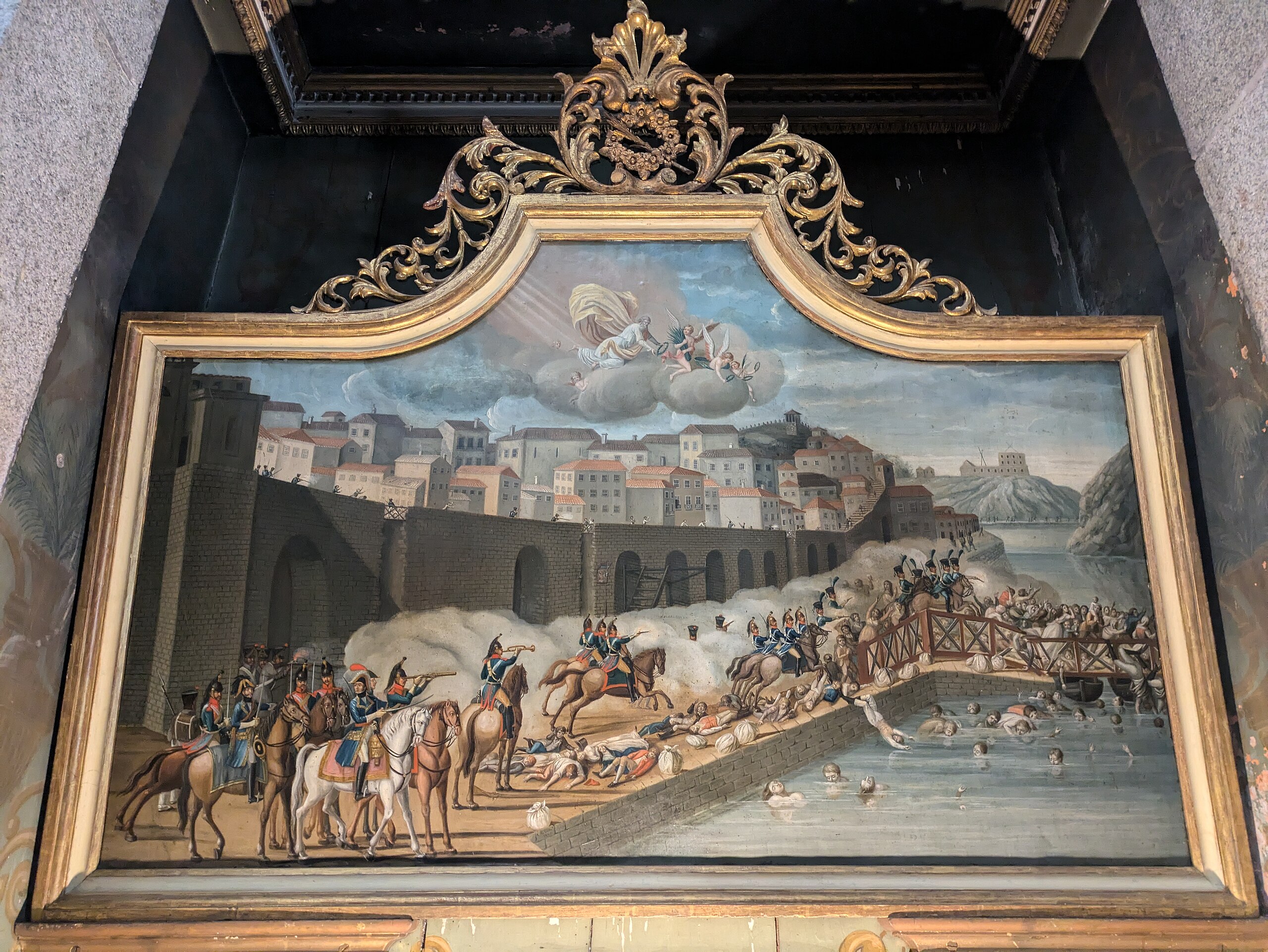 Historical artwork of a bridge collapse in Porto with civilians falling into the Douro River.