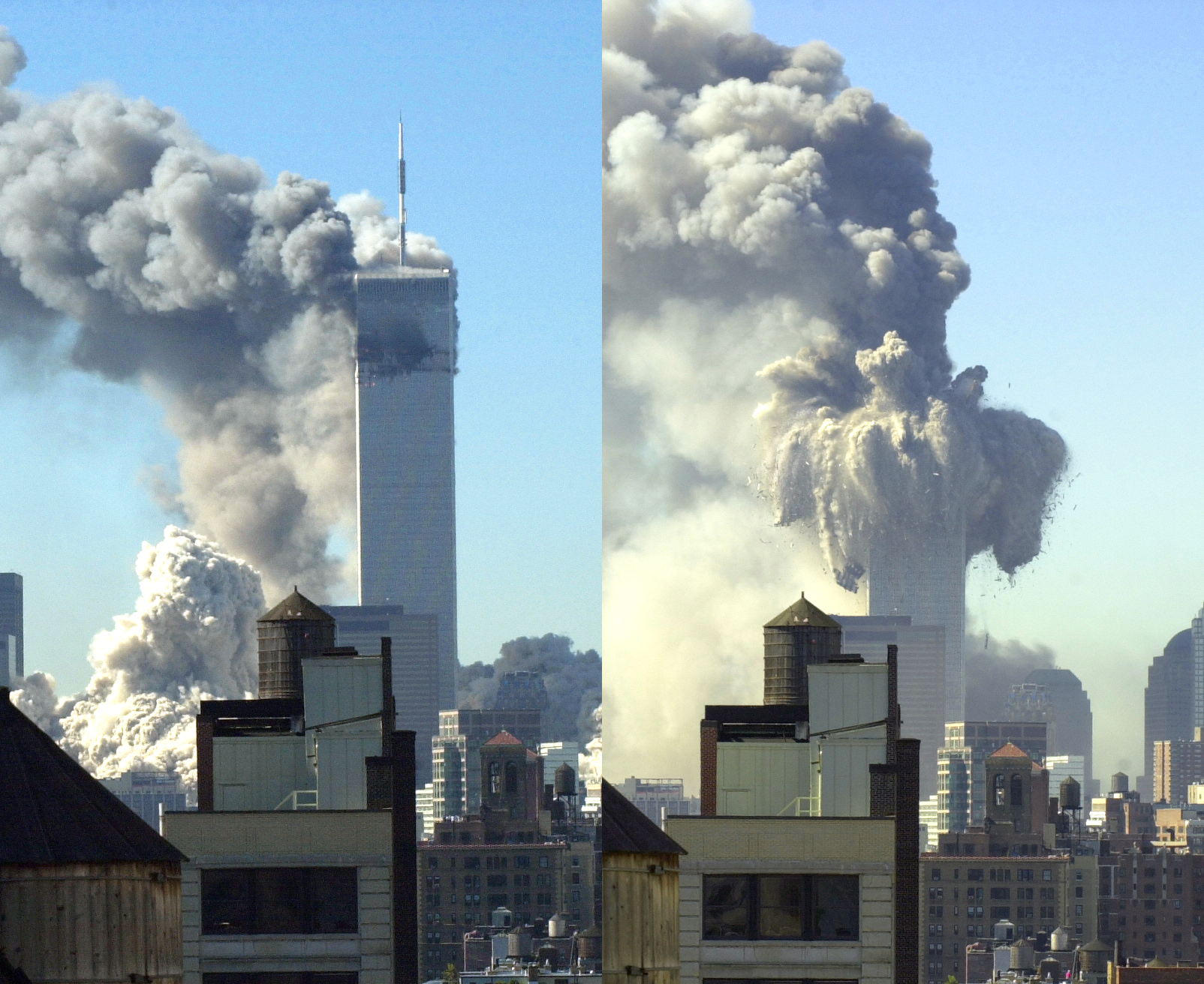 Split-screen image showing the World Trade Center towers collapsing amid smoke and debris.
