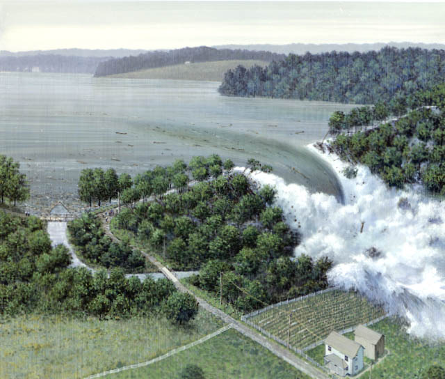 Illustration of a dam failure unleashing floodwaters over a rural area.