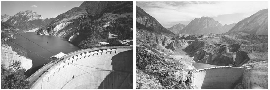 Side-by-side black-and-white photos of the Vajont Dam before and after the disaster.