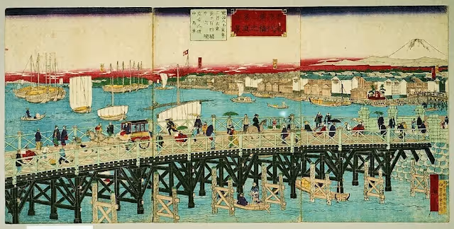 Japanese artwork showing a crowded wooden bridge over a busy waterway.