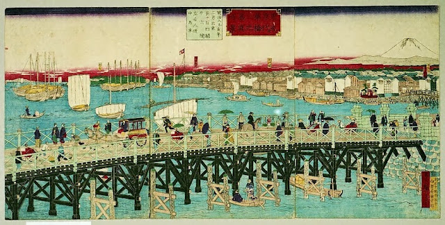 Japanese artwork showing a crowded wooden bridge over a busy waterway.