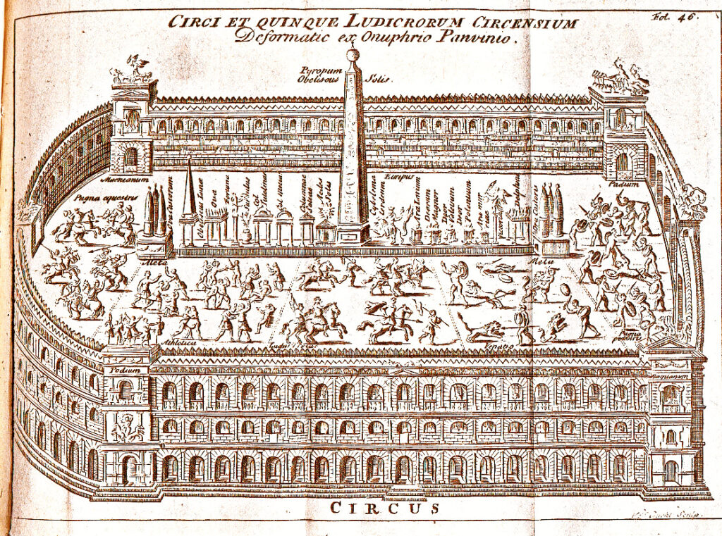 Old drawing of a Roman circus arena filled with athletes and chariots in competition.