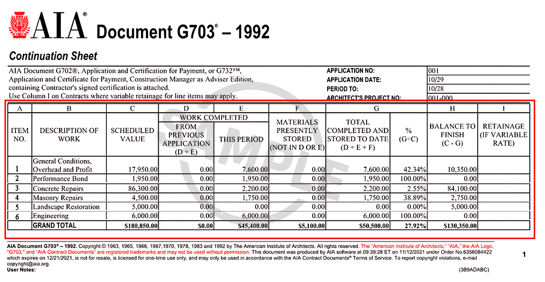 AIA Schedule of Values form (AIA G703 1992) displaying columns for item number, description of work, scheduled value, work completed, stored materials, total completed to date, percent complete, balance to finish, and retainage.