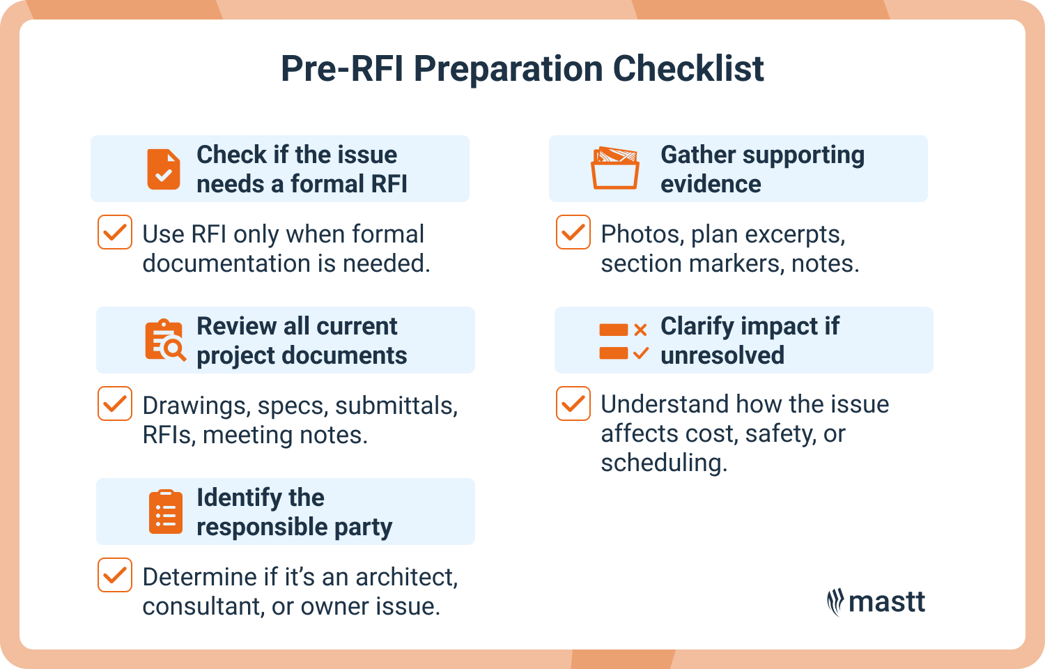 Checklist showing how to prepare before writing a construction RFI