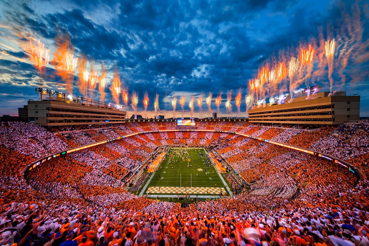 Neyland Stadium packed with checkerboard crowd and fireworks