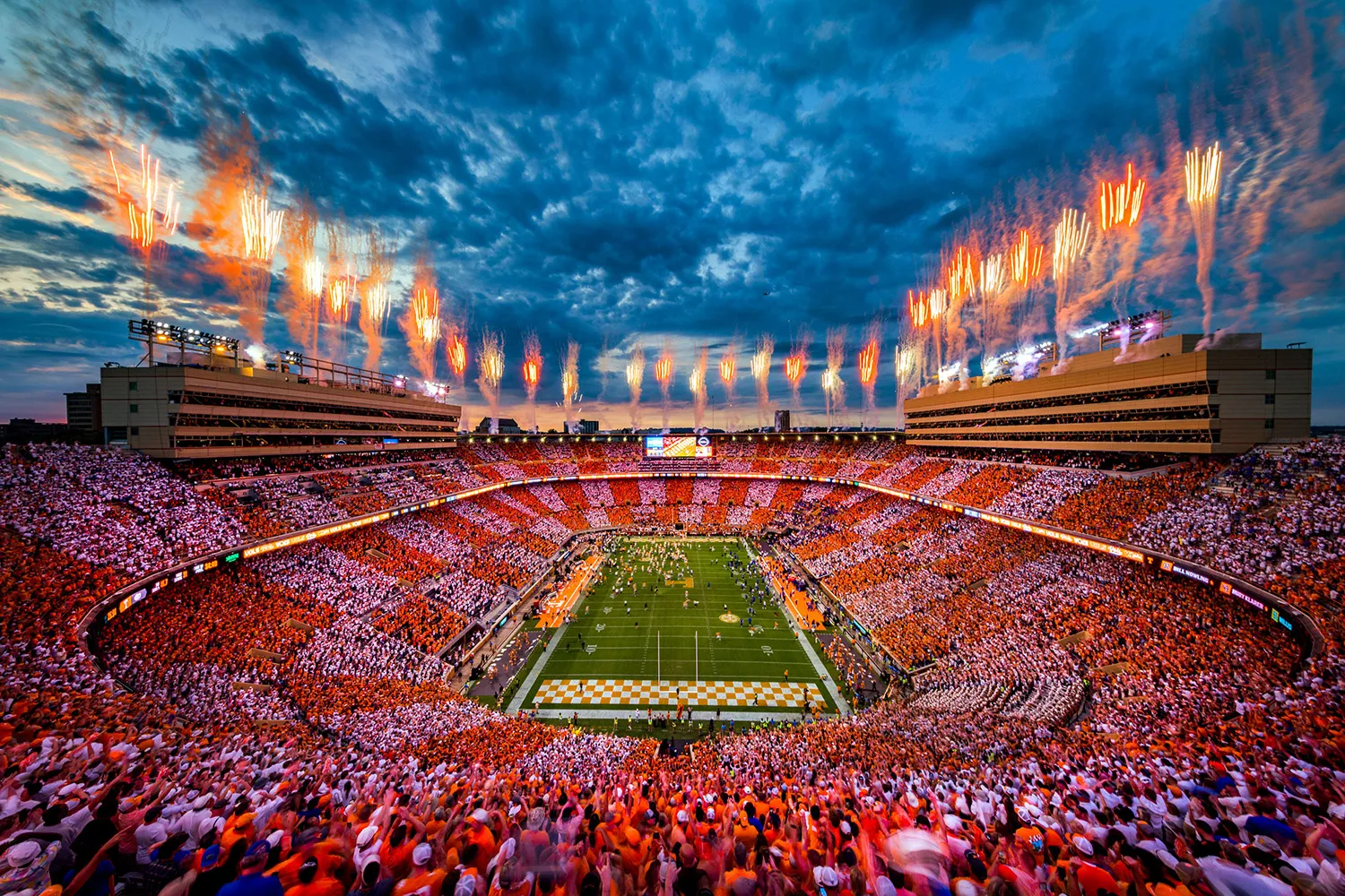 Neyland Stadium packed with checkerboard crowd and fireworks