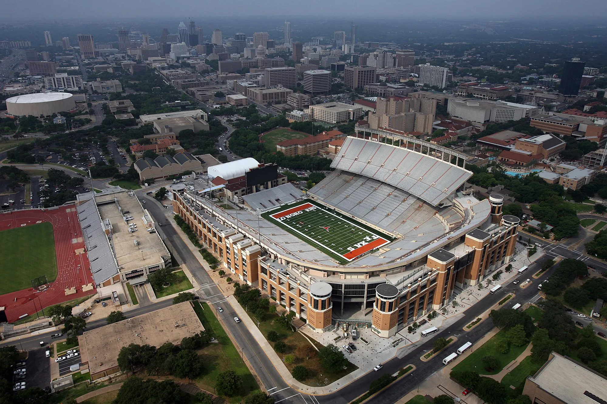 Aerial view of Darrell K Royal Stadium in Austin, Texas