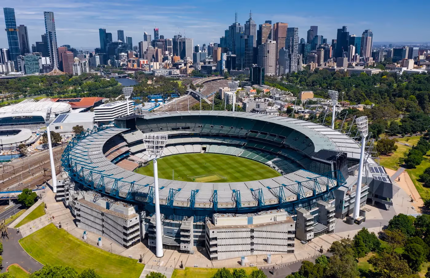 Aerial view of the Melbourne Cricket Ground and city skyline