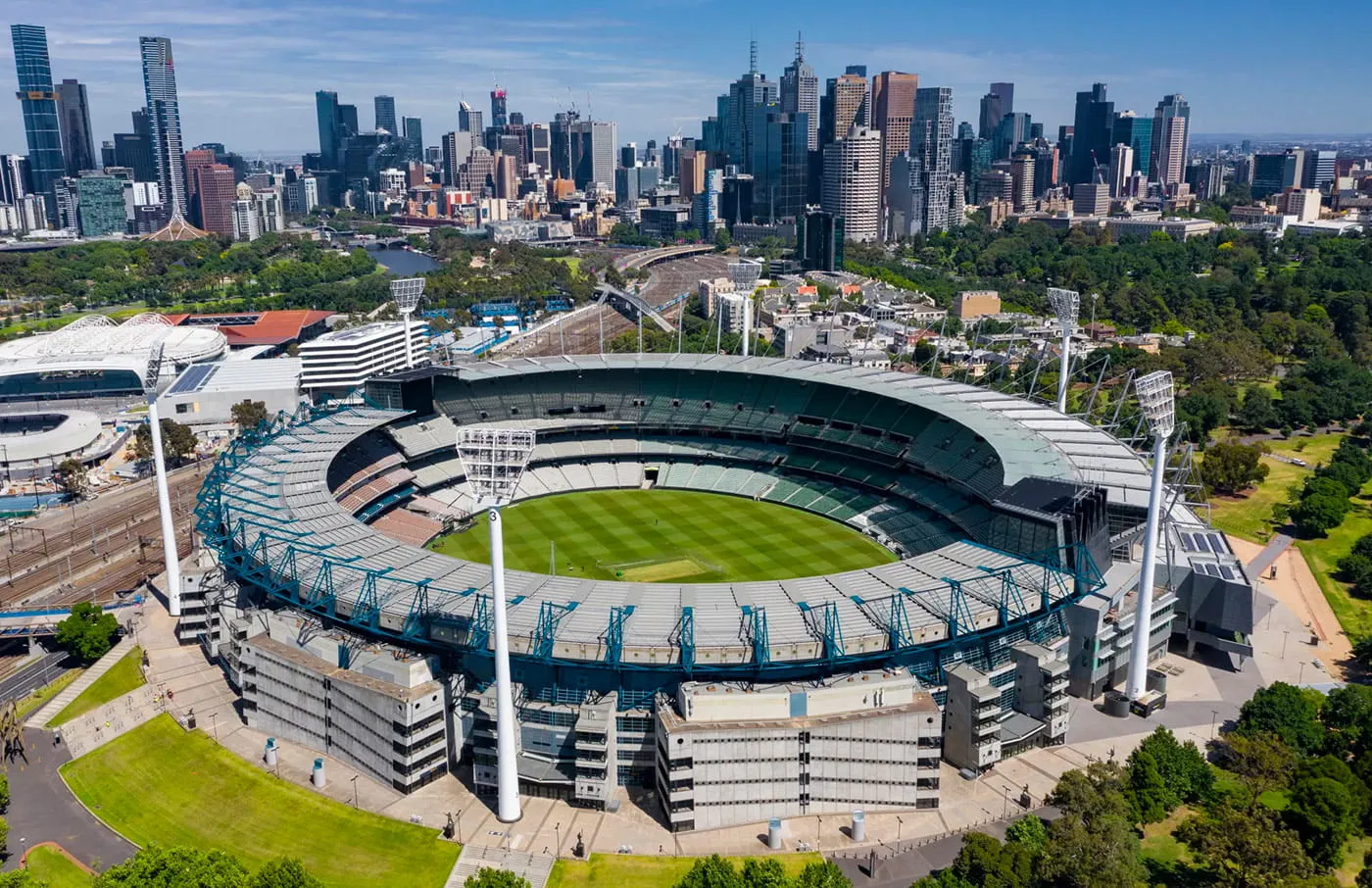 Aerial view of the Melbourne Cricket Ground and city skyline