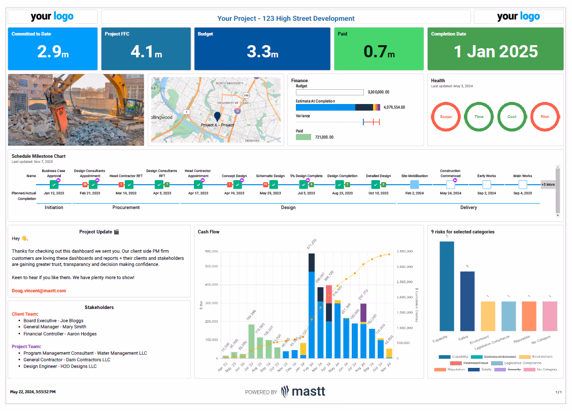 Construction project tracking template with budget, risk, milestones, health, and cash flow charts.