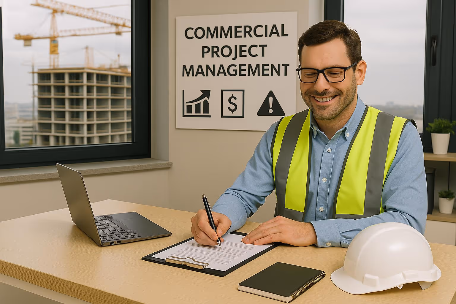 Commercial project manager reviewing documents, showcasing effective commercial project management.