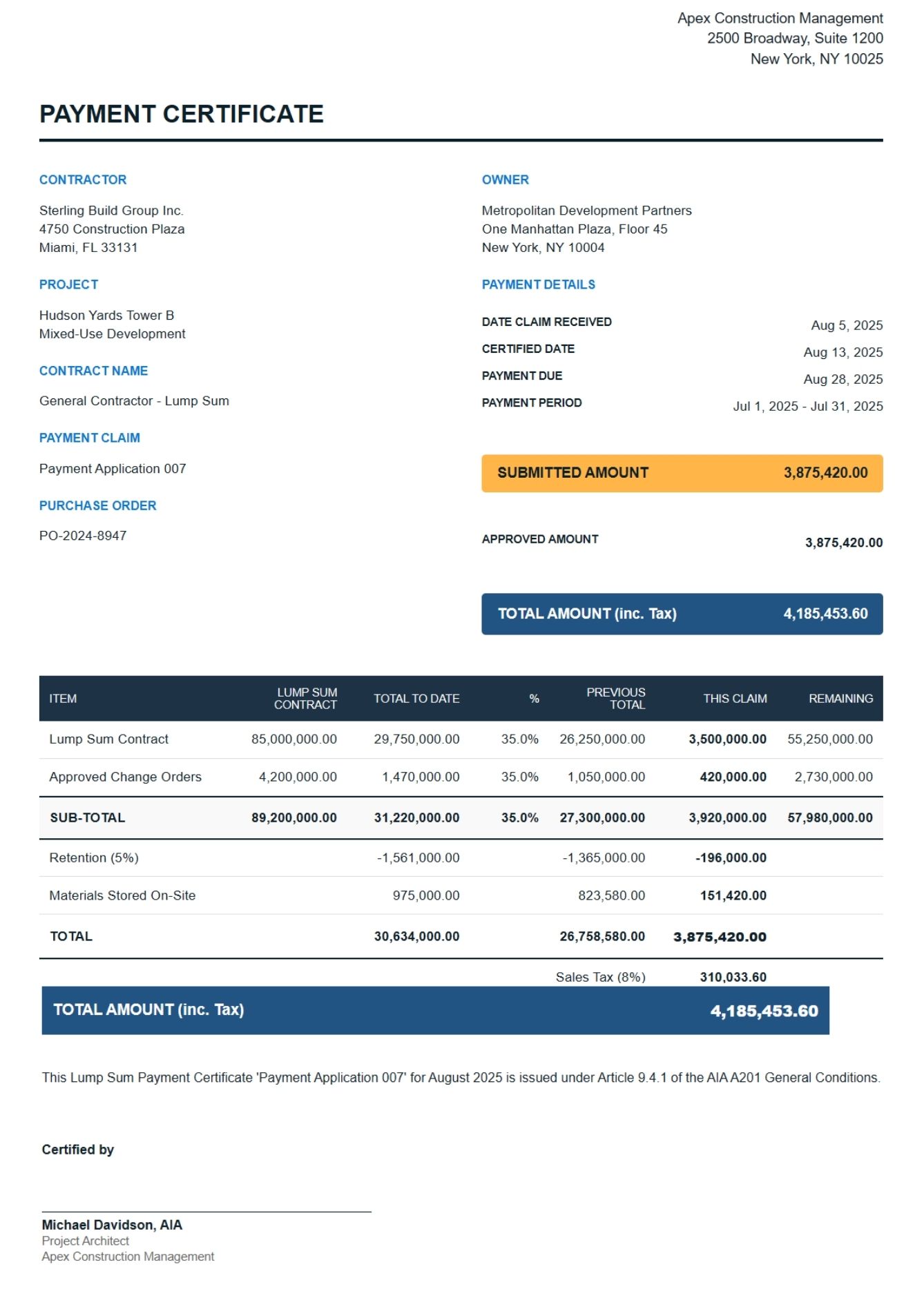 Lump sum payment certificate showing contract values, claims, and approved amounts for August 2025.