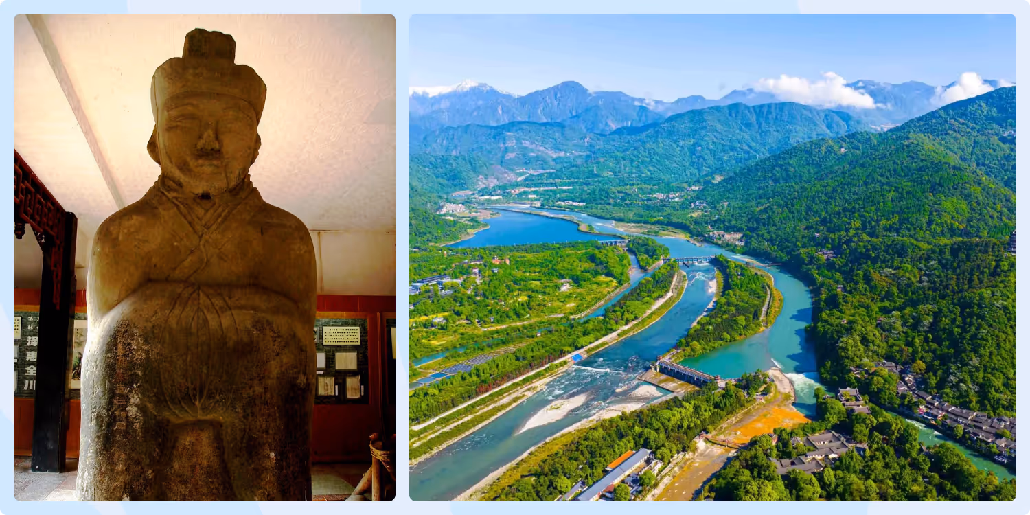Statue of Li Bing with aerial view of Dujiangyan Irrigation System
