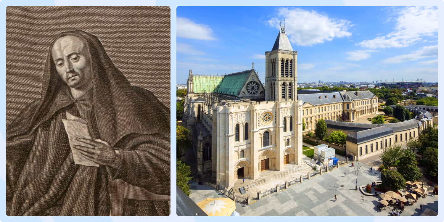 Portrait of Abbot Suger with Basilica of Saint-Denis in France