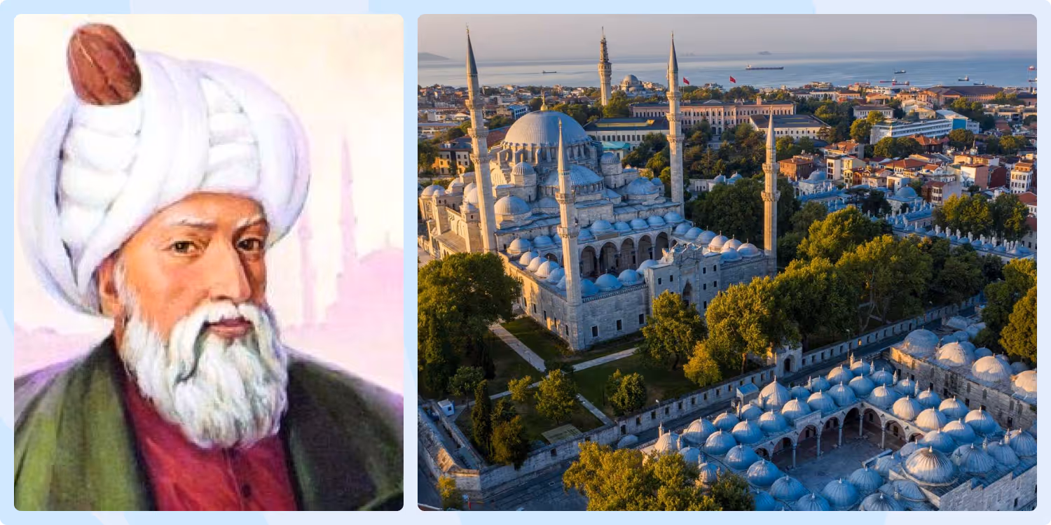 Portrait of Mimar Sinan with Süleymaniye Mosque in Istanbul