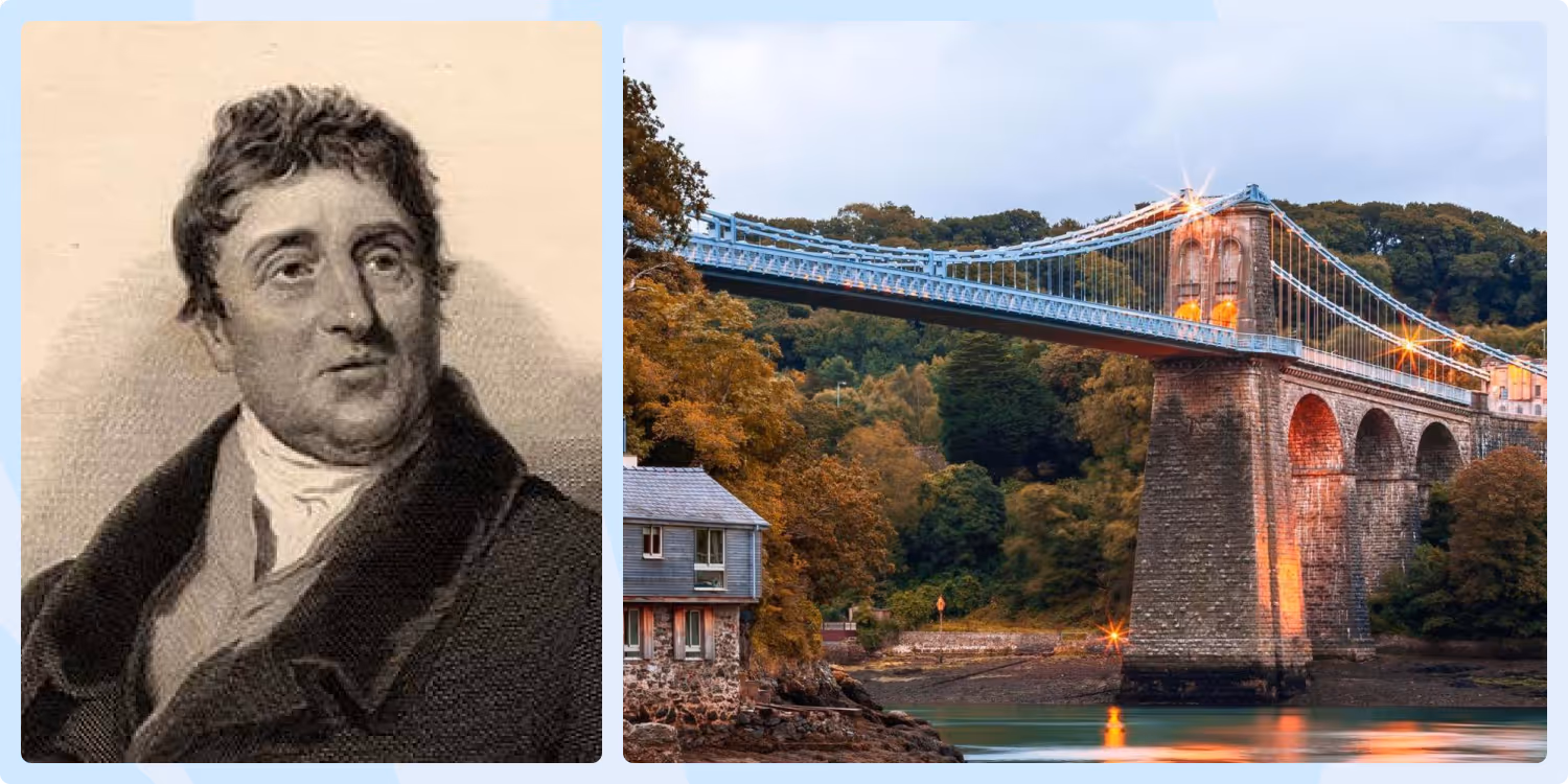 Portrait of Thomas Telford with Menai Suspension Bridge in Wales
