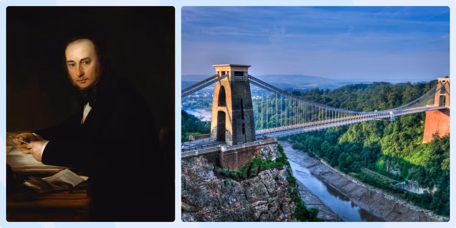 Portrait of Brunel with Clifton Suspension Bridge in Bristol
