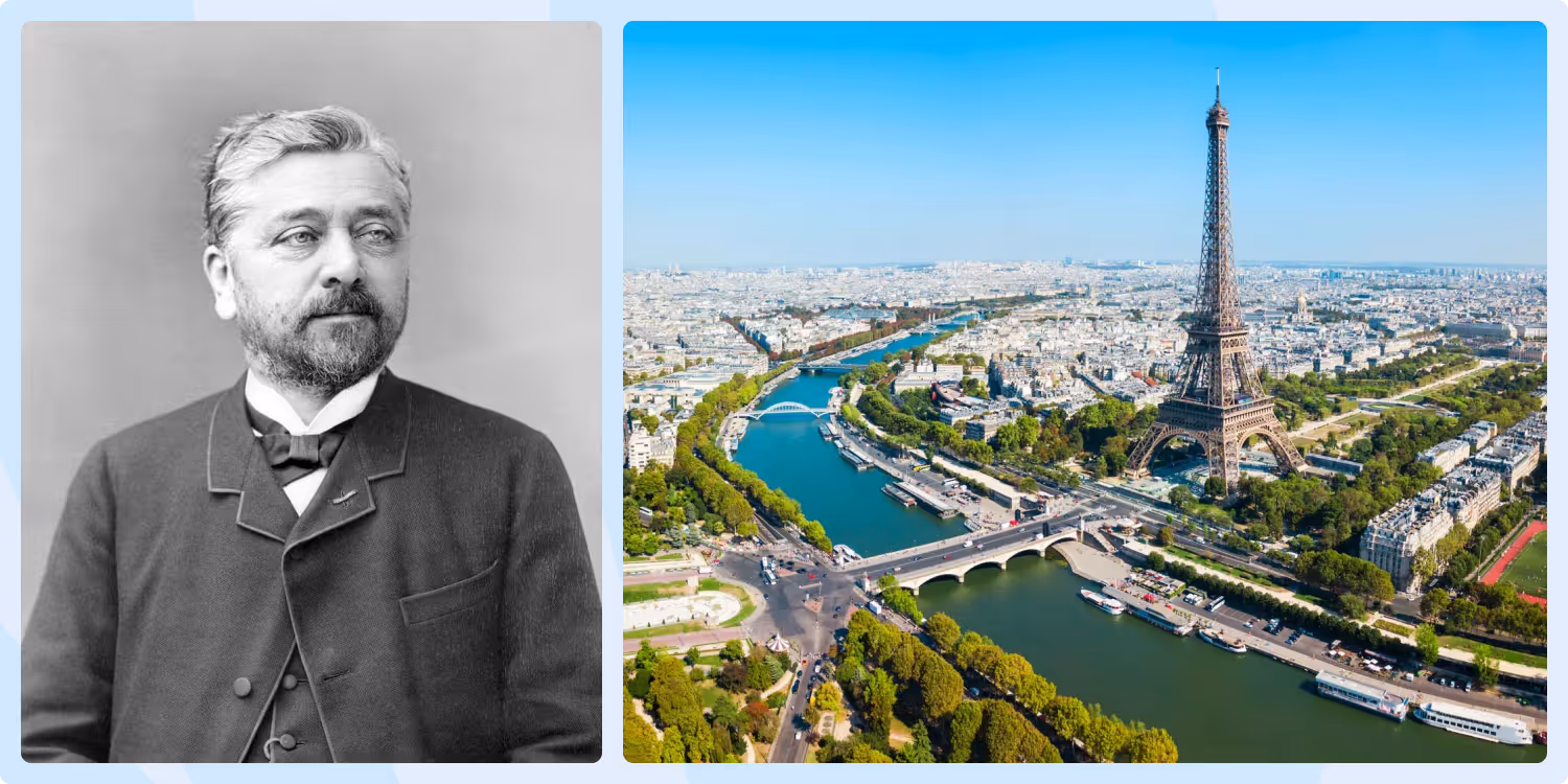 Portrait of Gustave Eiffel with Eiffel Tower overlooking Paris